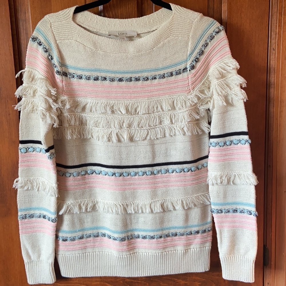 Loft Sweater Boat Neck Fringed 100% Cotton